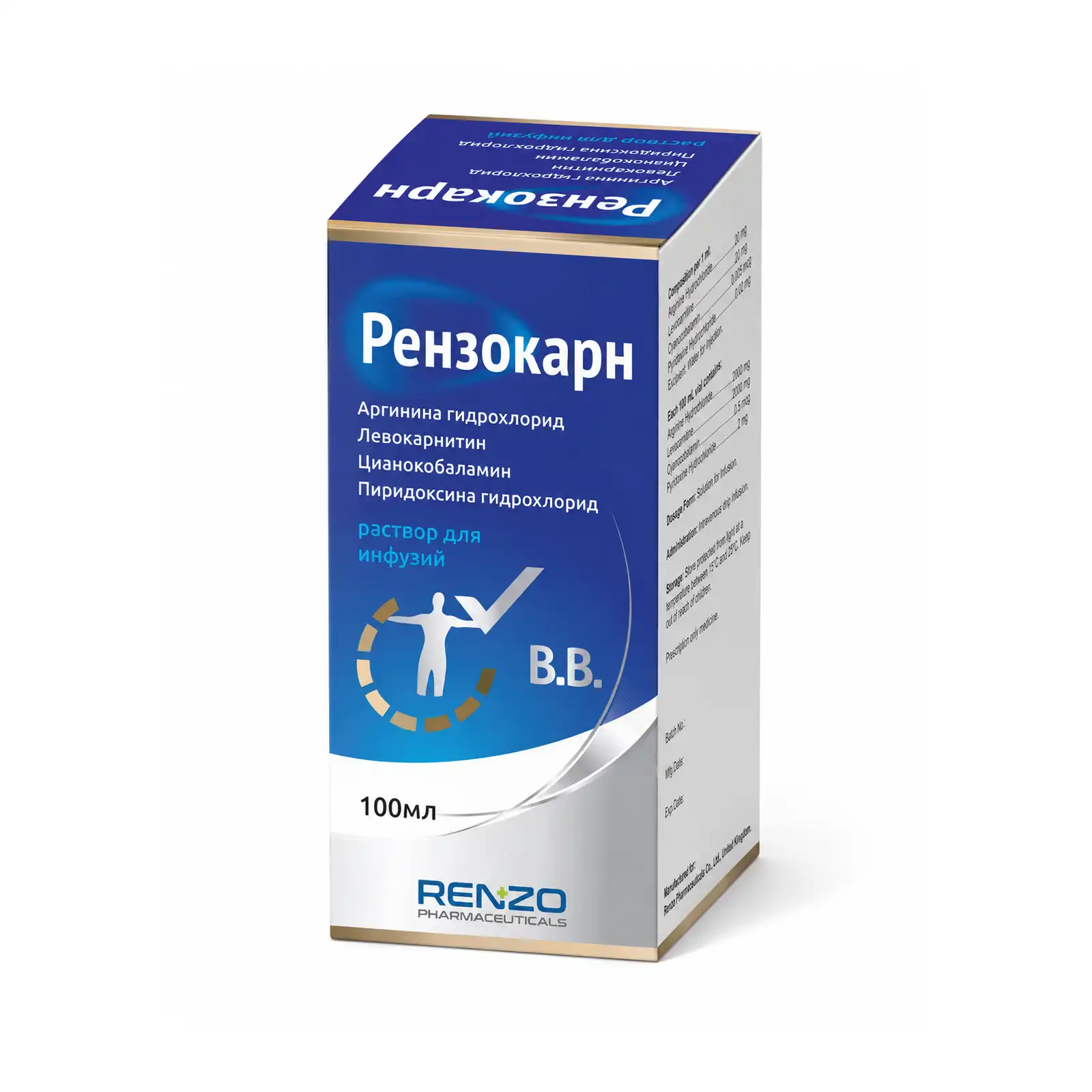 Renzocarn Arginine Hydrochloride + Levocarnitine + Cyanocobalamin + Pyridoxine Hydrochloride Solution for Infusion, 100 mL